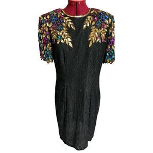 Vintage Stenay Large 100% Silk‎ Fully Beaded Sequined Party Evening Midi Dress